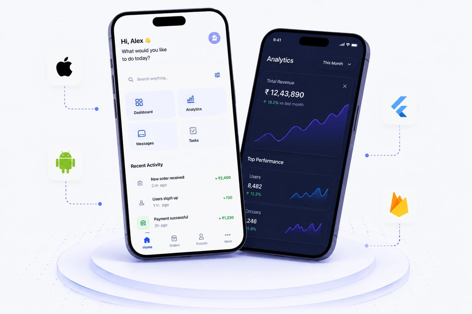 Two mobile app screens showing a home dashboard and analytics, built for iOS and Android